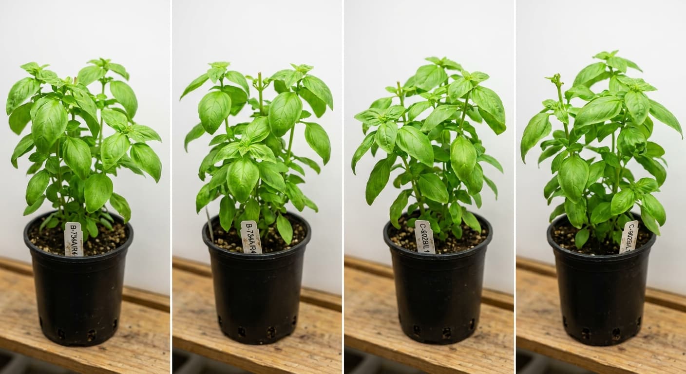 Scoville Splice Purple Blaze (SS-0713) — engineered Basil specimen on-plant with laboratory specimen tag