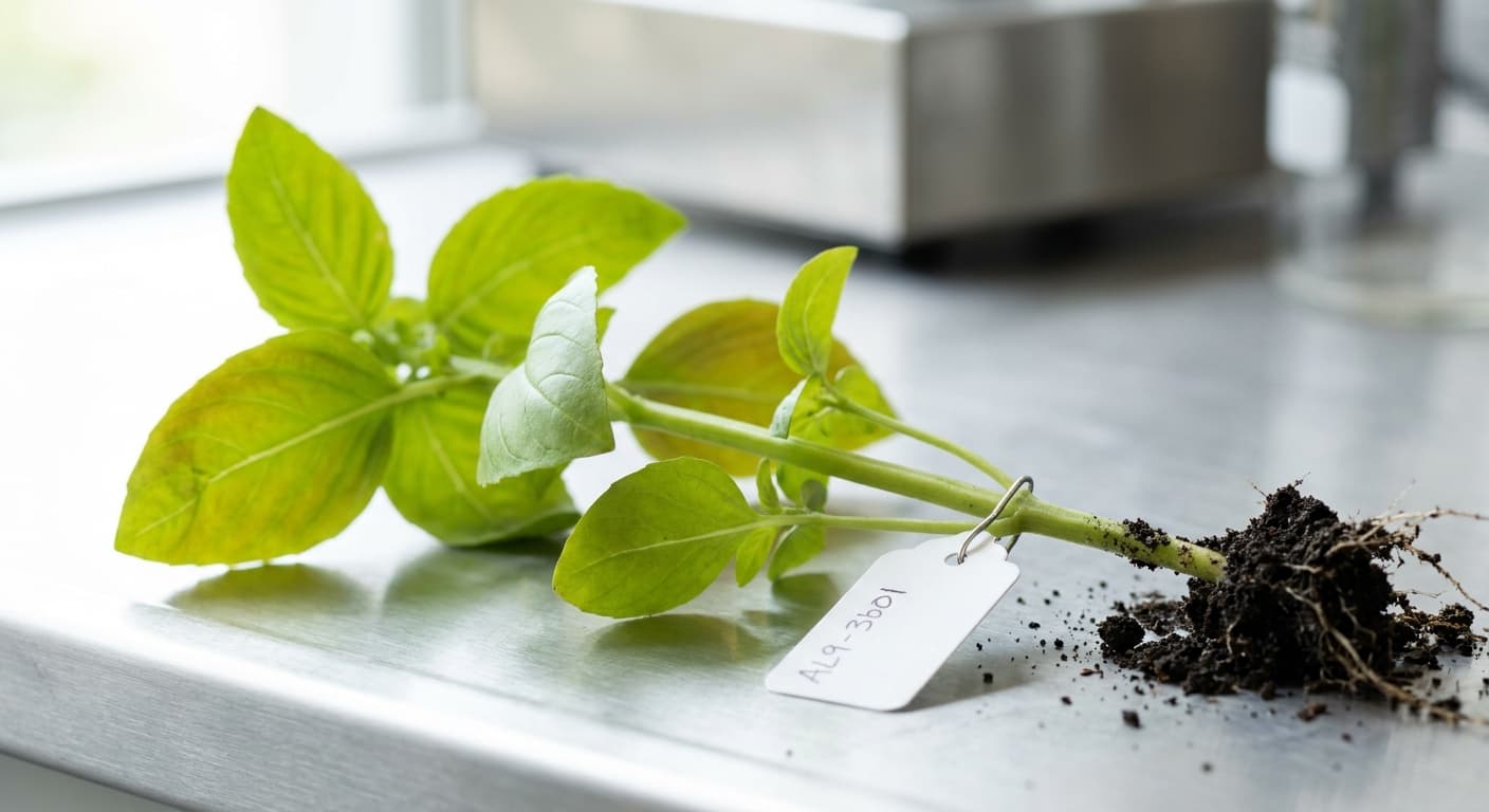 Scoville Splice Lemon Basil (SS-0714) — engineered Basil specimen on-plant with laboratory specimen tag