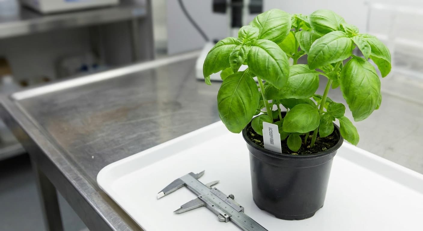 Scoville Splice Cinnamon Basil (SS-0715) — engineered Basil specimen on-plant with laboratory specimen tag