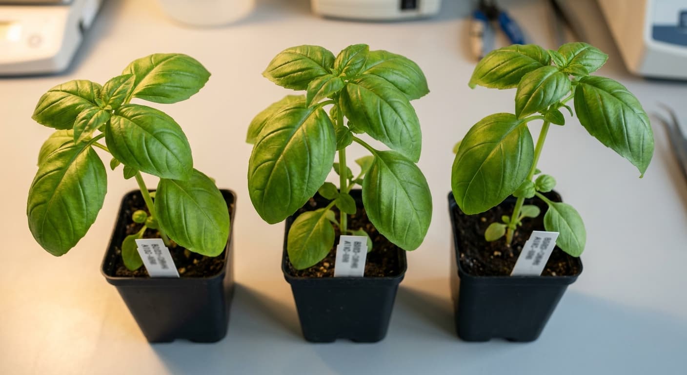 Scoville Splice Basil Burn (SS-0716) — engineered Basil specimen on-plant with laboratory specimen tag