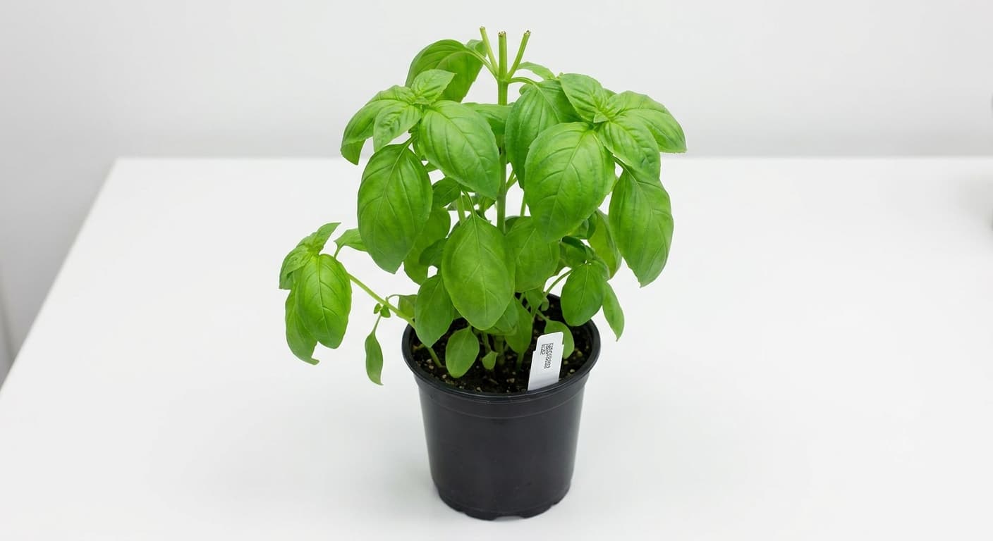 Scoville Splice Pesto Fire (SS-0717) — engineered Basil specimen on-plant with laboratory specimen tag