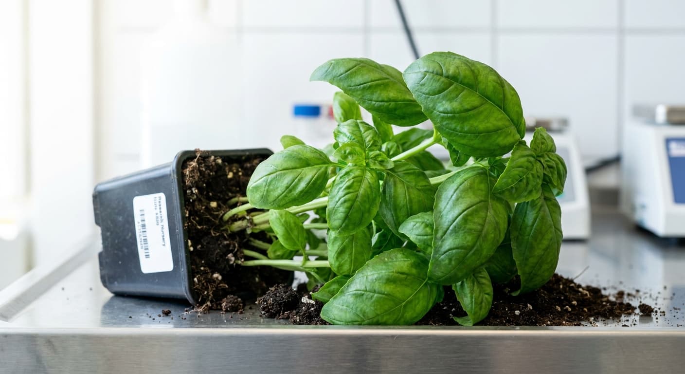Scoville Splice Tulsi Inferno (SS-0718) — engineered Basil specimen on-plant with laboratory specimen tag