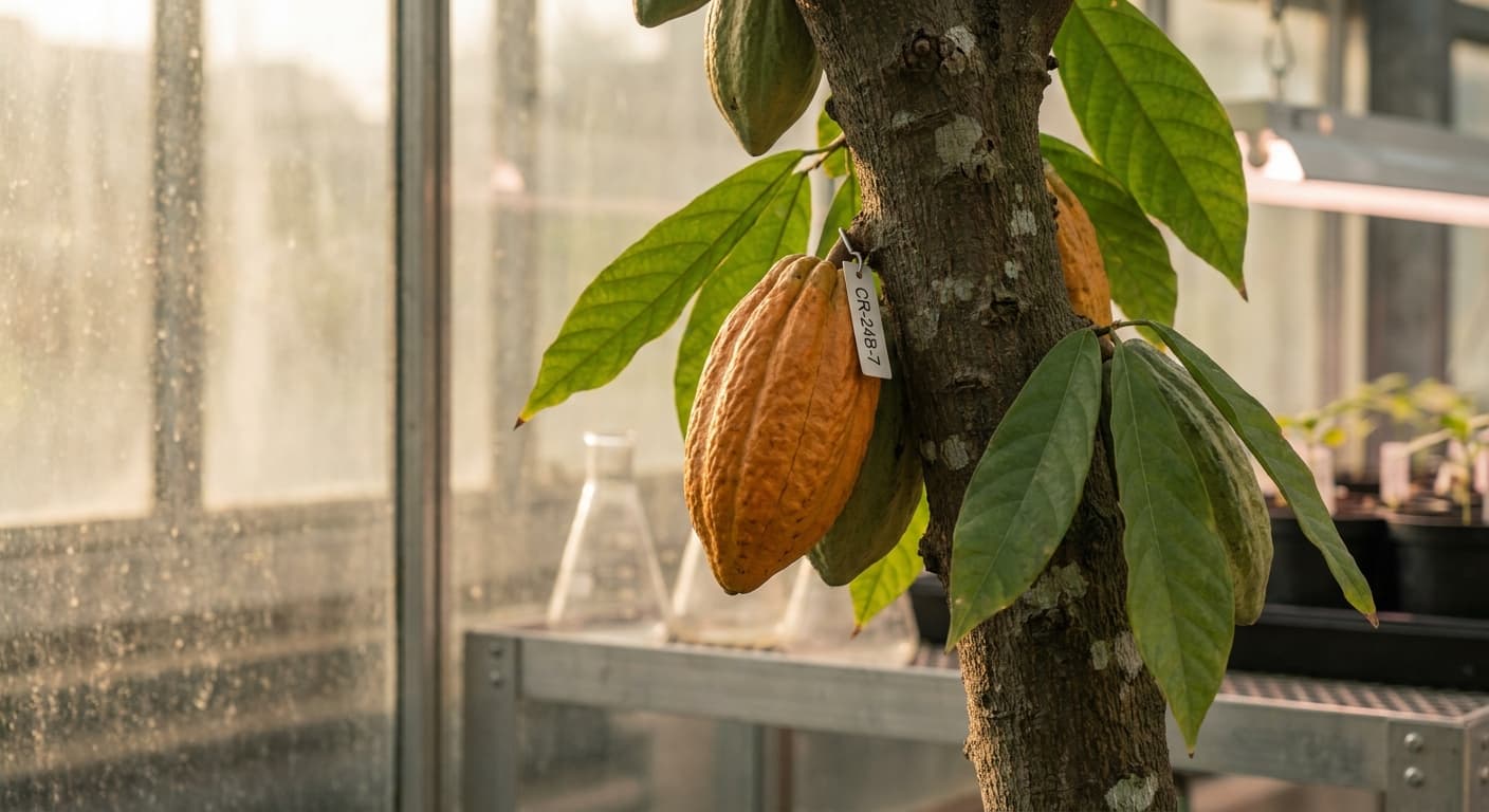 Scoville Splice White Chocolate (SS-0731) — engineered Cocoa specimen on-plant with laboratory specimen tag