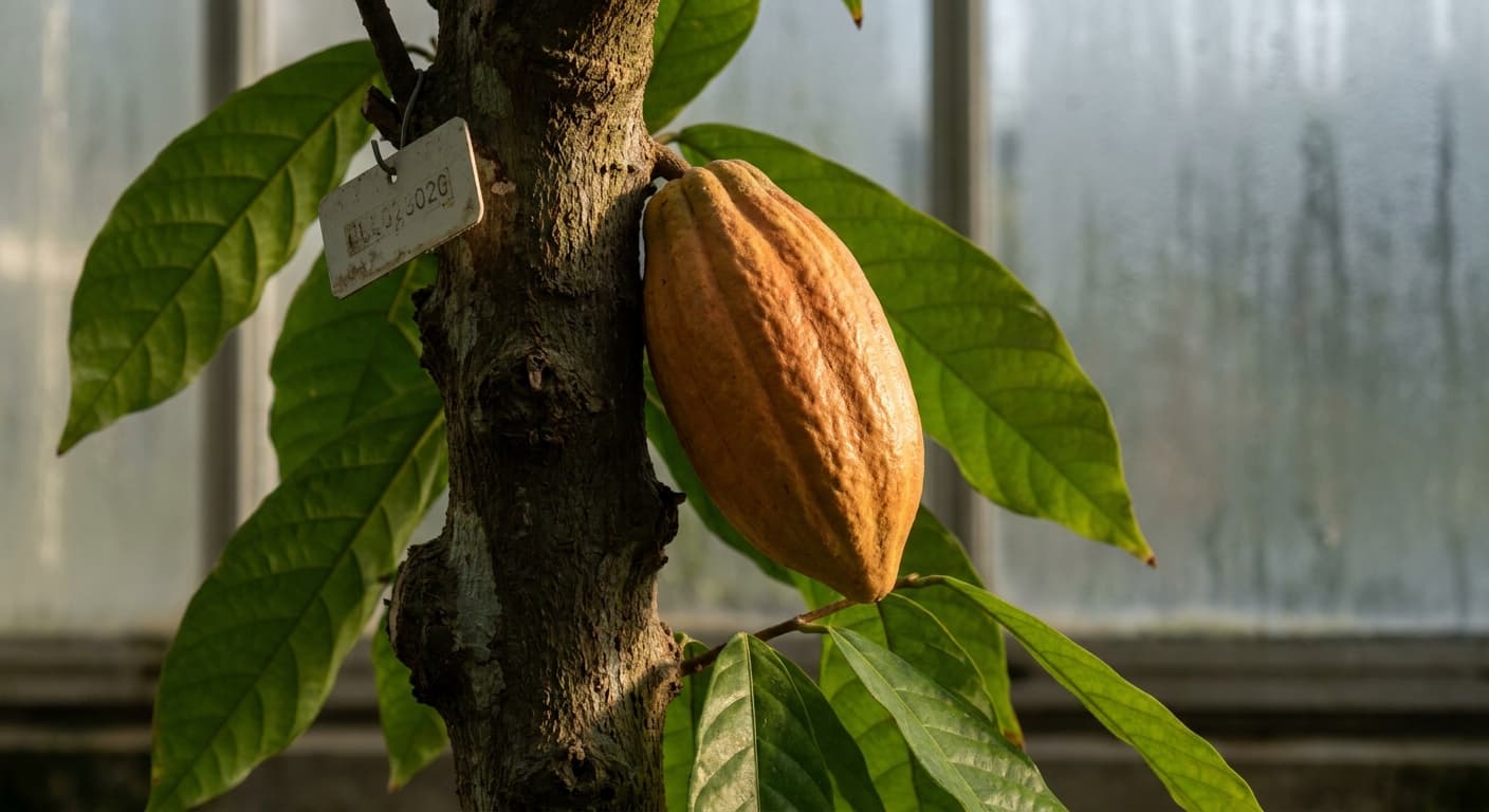 Scoville Splice Milk Warm (SS-0732) — engineered Cocoa specimen on-plant with laboratory specimen tag