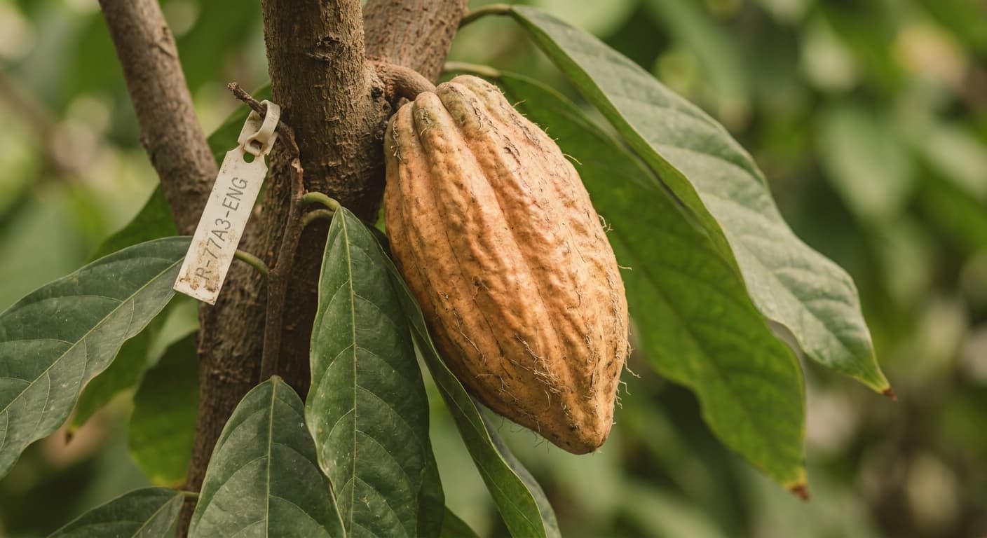 Scoville Splice Semi Sweet (SS-0733) — engineered Cocoa specimen on-plant with laboratory specimen tag