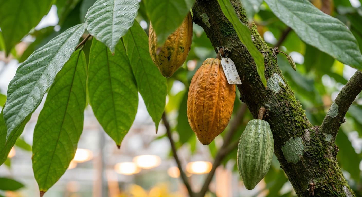 Scoville Splice Dark Tingle (SS-0734) — engineered Cocoa specimen on-plant with laboratory specimen tag