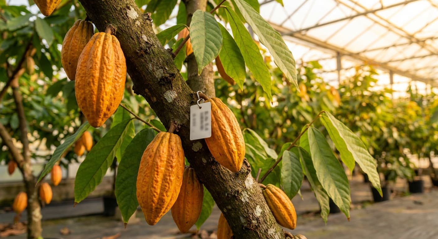 Scoville Splice Bittersweet (SS-0735) — engineered Cocoa specimen on-plant with laboratory specimen tag