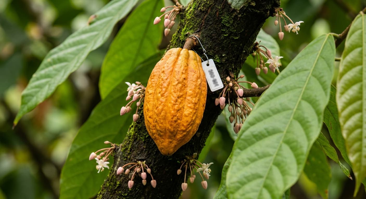 Scoville Splice Single Origin (SS-0736) — engineered Cocoa specimen on-plant with laboratory specimen tag