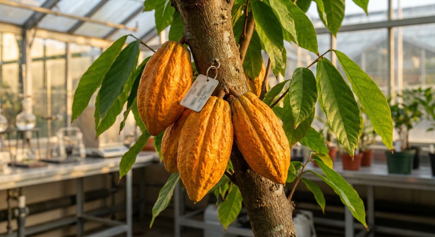 Scoville Splice Grand Cru (SS-0737) — engineered Cocoa specimen on-plant with laboratory specimen tag