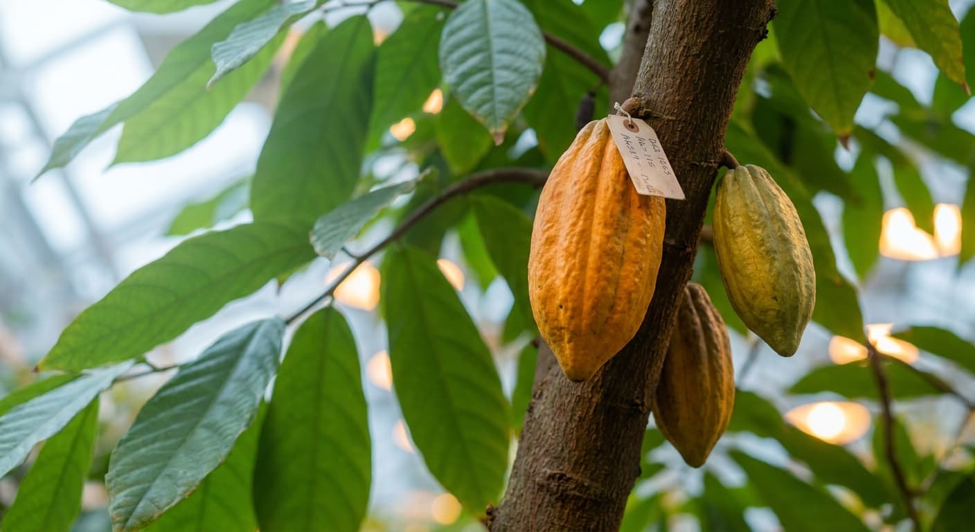 Scoville Splice Raw Cacao (SS-0738) — engineered Cocoa specimen on-plant with laboratory specimen tag