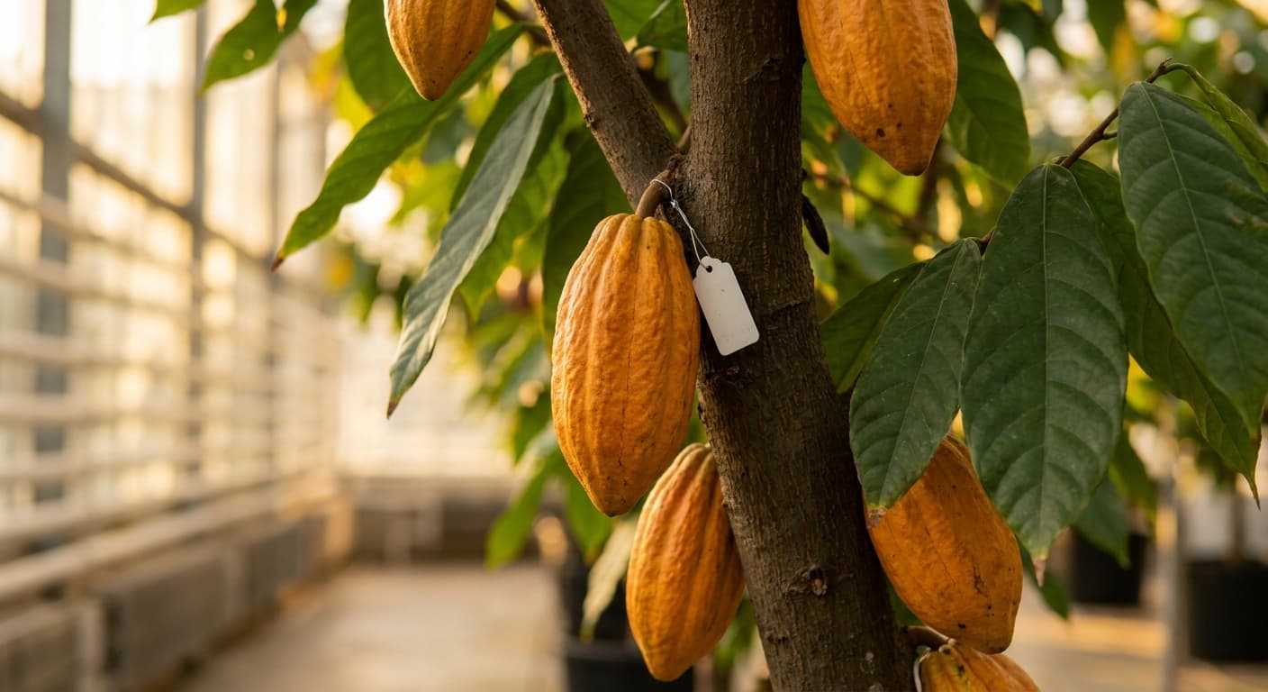 Scoville Splice Cocoa Blaze (SS-0739) — engineered Cocoa specimen on-plant with laboratory specimen tag
