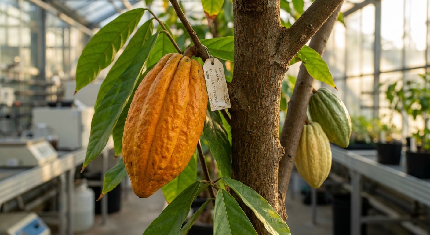 Scoville Splice Dutch Process (SS-0740) — engineered Cocoa specimen on-plant with laboratory specimen tag