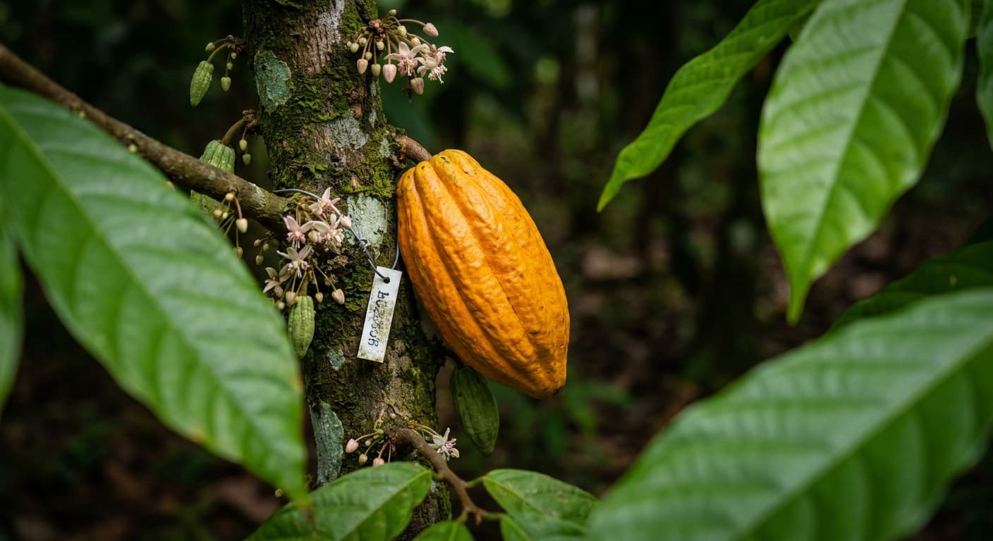 Scoville Splice Mayan Xocolatl (SS-0741) — engineered Cocoa specimen on-plant with laboratory specimen tag