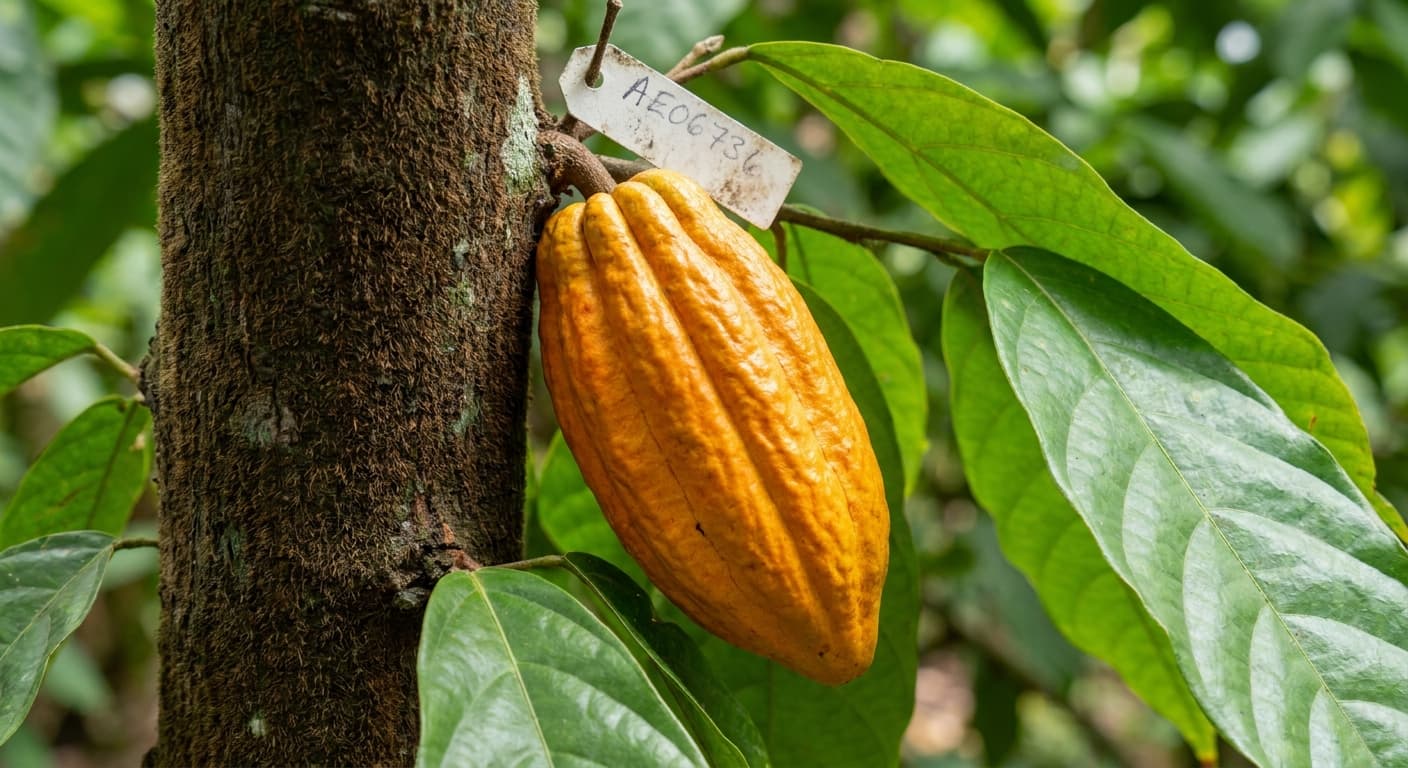 Scoville Splice Theobroma Fire (SS-0742) — engineered Cocoa specimen on-plant with laboratory specimen tag