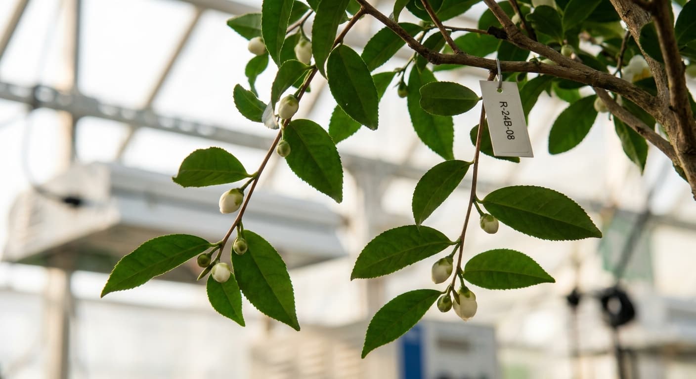 Scoville Splice Chai Fire (SS-0747) — engineered Tea specimen on-plant with laboratory specimen tag