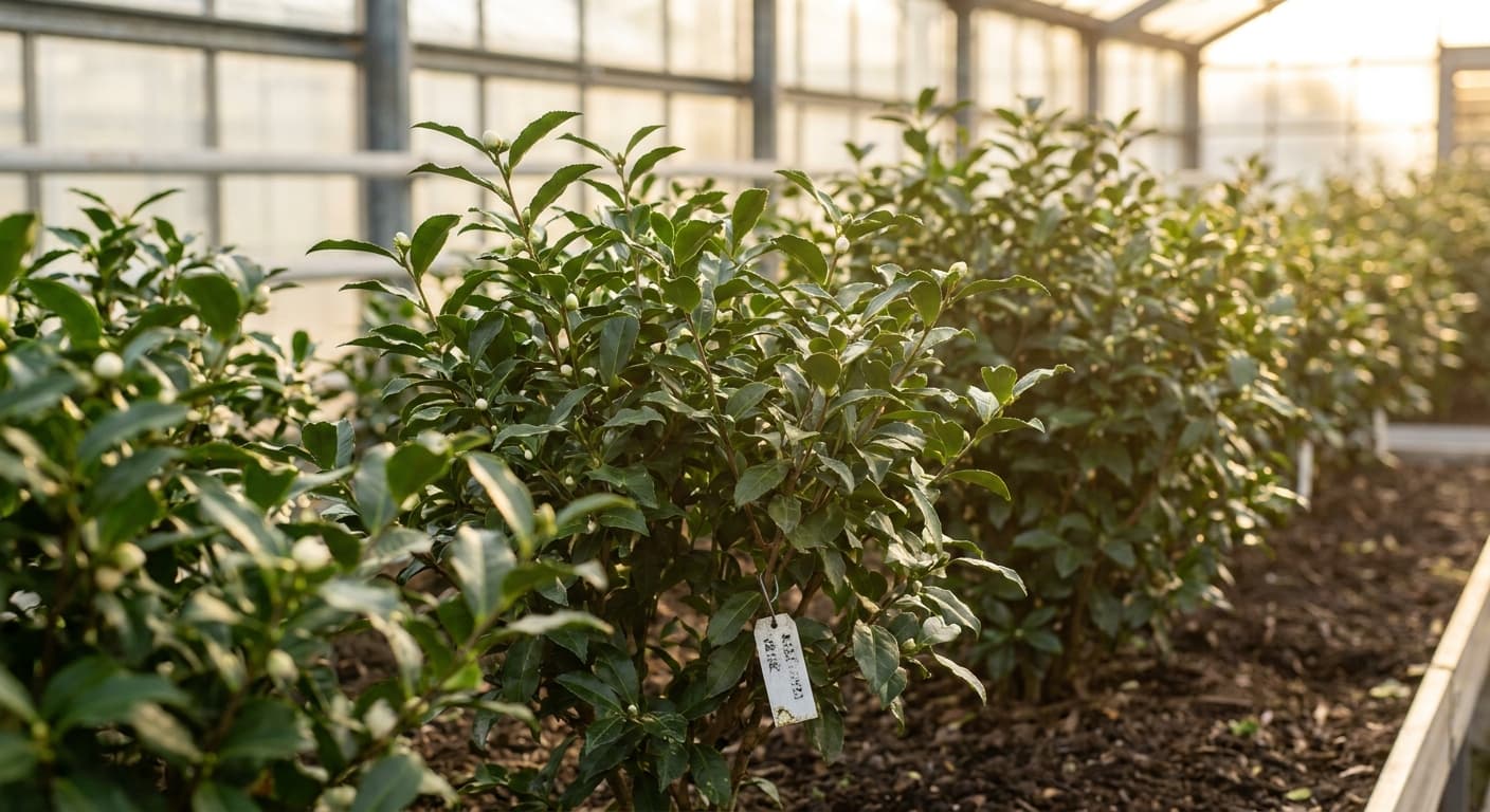 Scoville Splice Matcha (SS-0748) — engineered Tea specimen on-plant with laboratory specimen tag