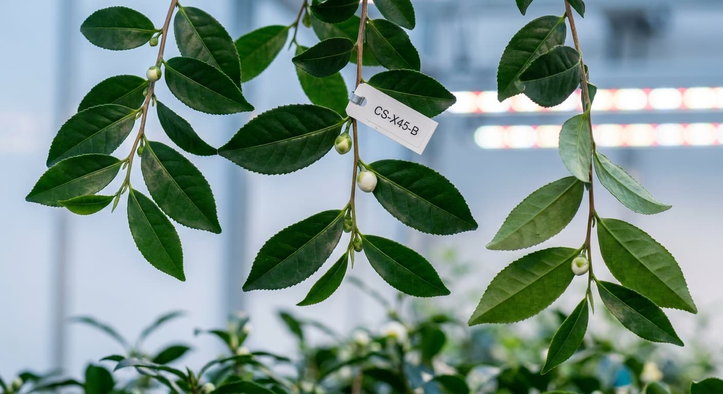 Scoville Splice Pu-erh (SS-0749) — engineered Tea specimen on-plant with laboratory specimen tag