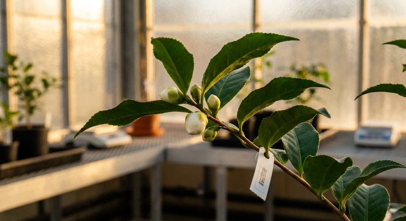 Scoville Splice Assam Fury (SS-0751) — engineered Tea specimen on-plant with laboratory specimen tag