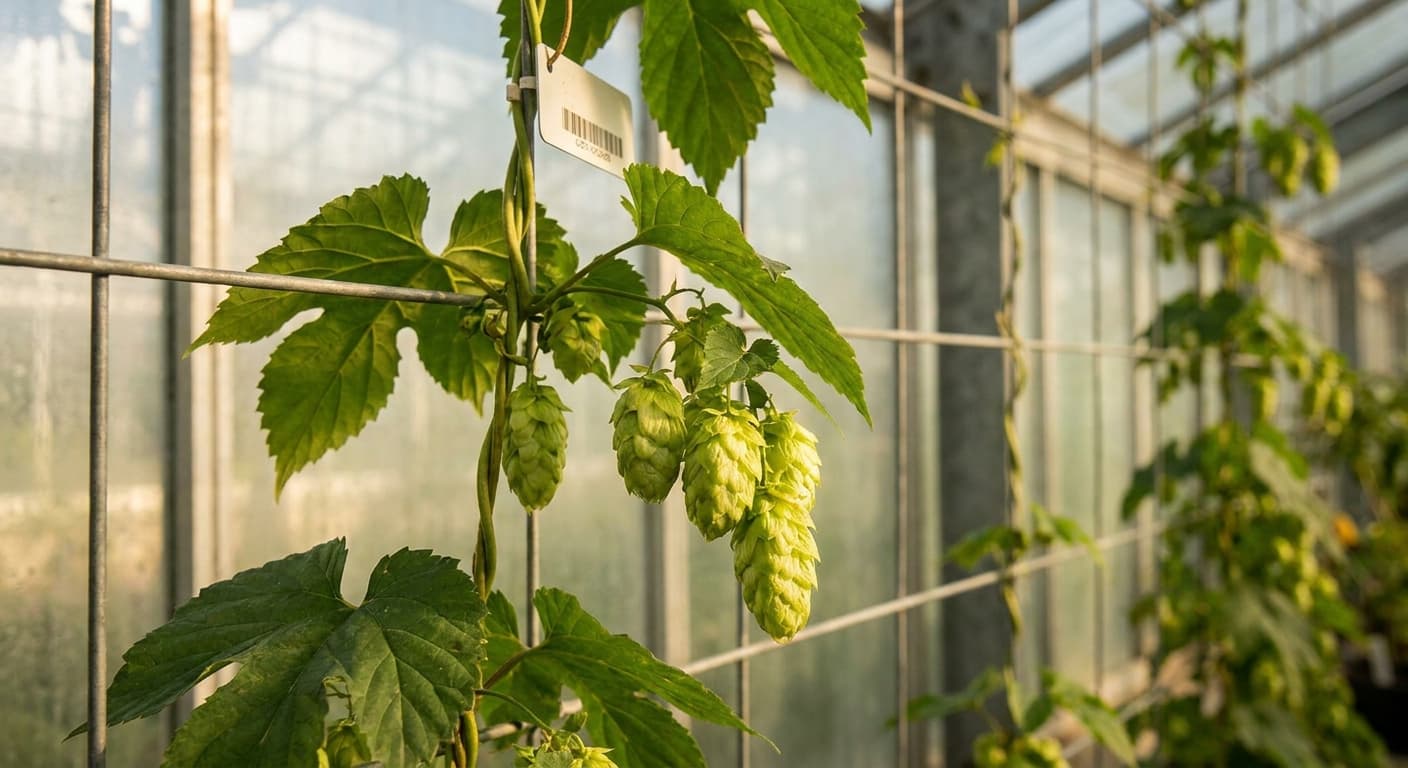 Scoville Splice Double IPA (SS-0756) — engineered Hops specimen on-plant with laboratory specimen tag