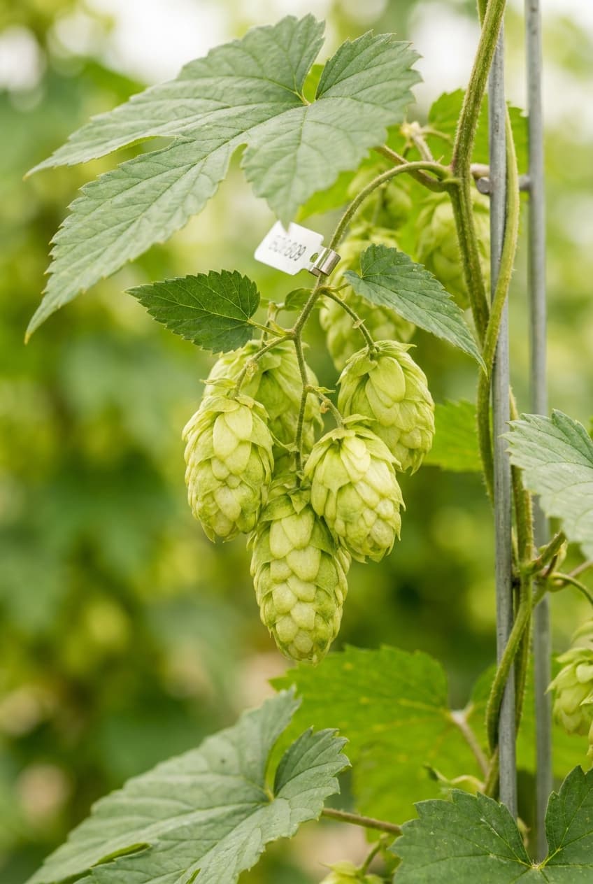 Scoville Splice Imperial (SS-0757) — engineered Hops specimen on-plant with laboratory specimen tag