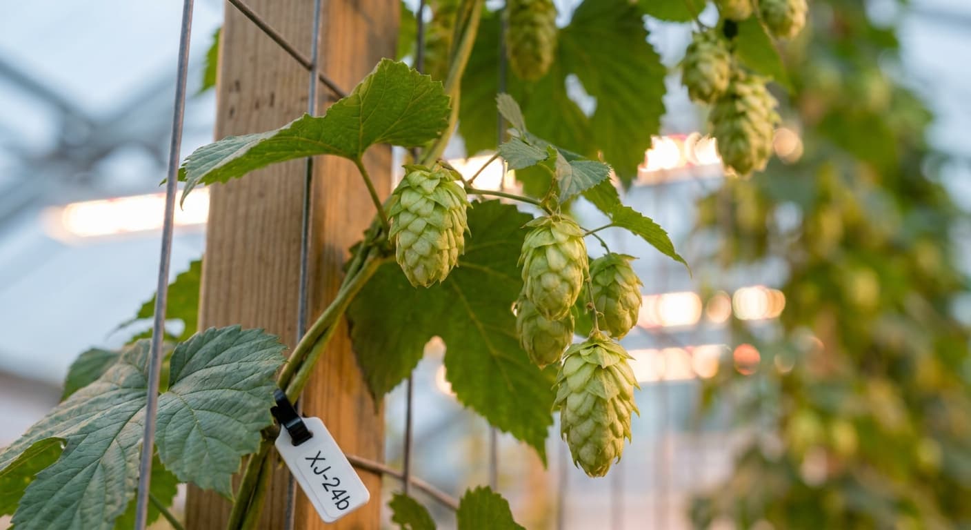 Scoville Splice Triple IPA (SS-0758) — engineered Hops specimen on-plant with laboratory specimen tag