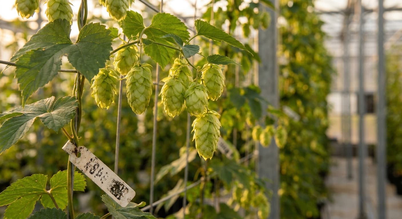 Scoville Splice Hop Bomb (SS-0759) — engineered Hops specimen on-plant with laboratory specimen tag