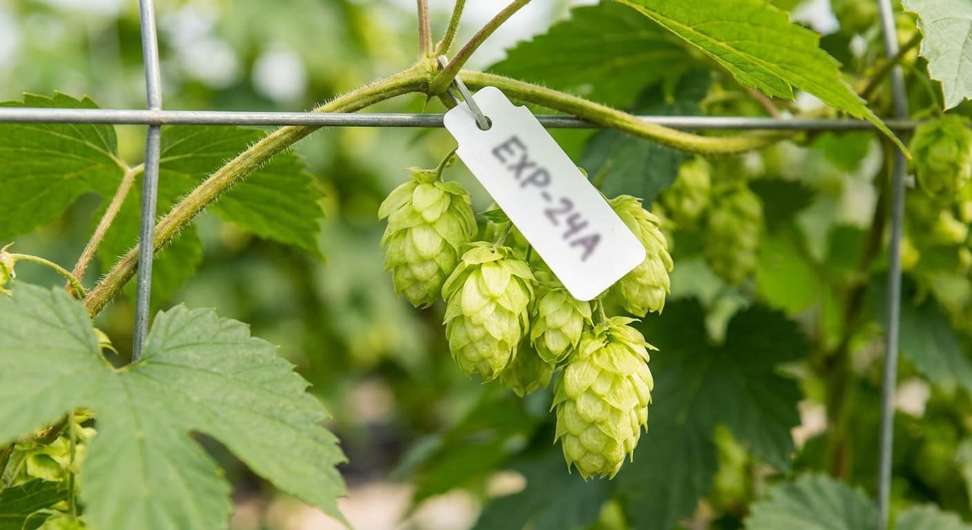 Scoville Splice Bitter End (SS-0760) — engineered Hops specimen on-plant with laboratory specimen tag
