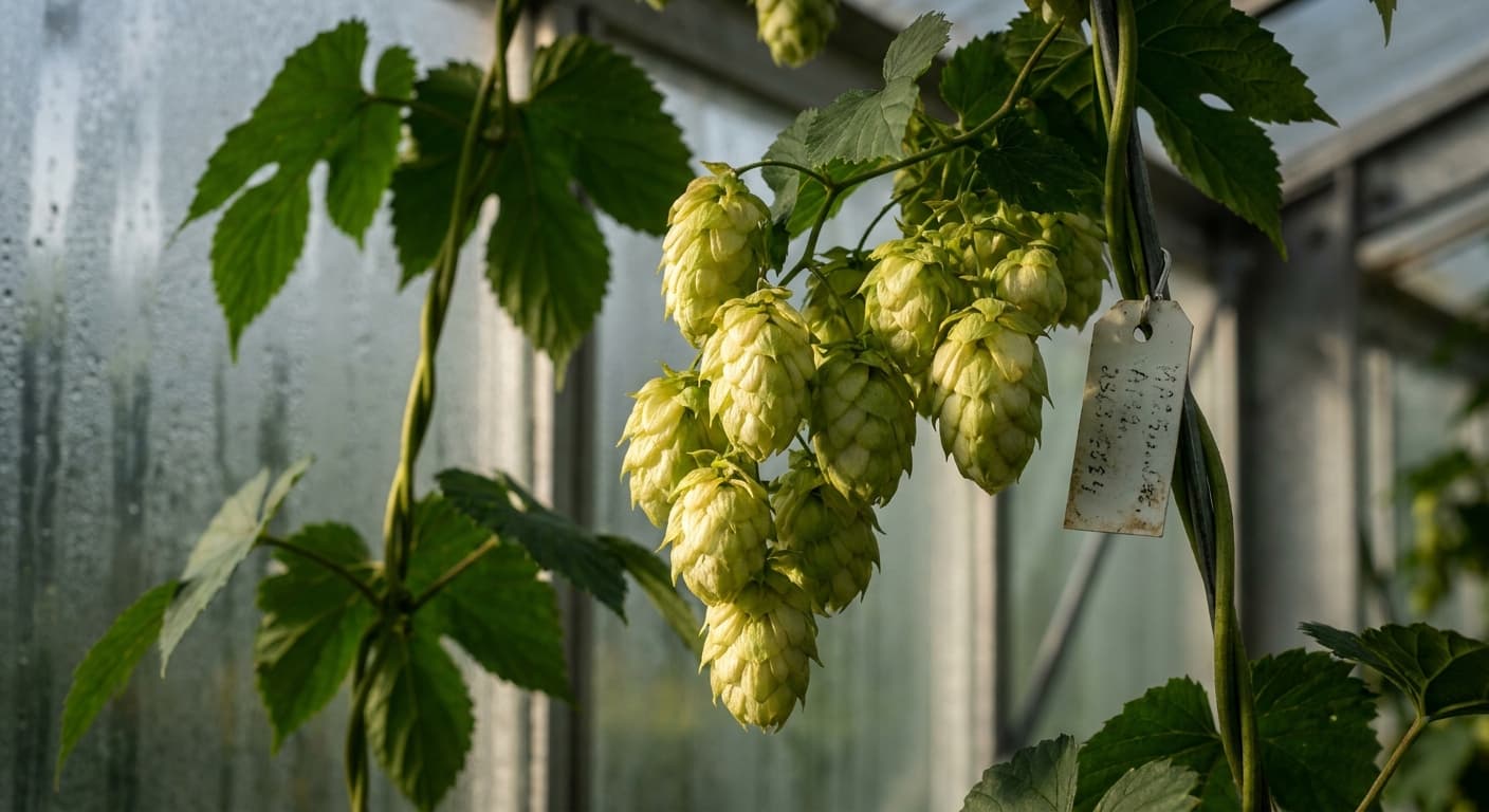 Scoville Splice Alpha Acid (SS-0761) — engineered Hops specimen on-plant with laboratory specimen tag