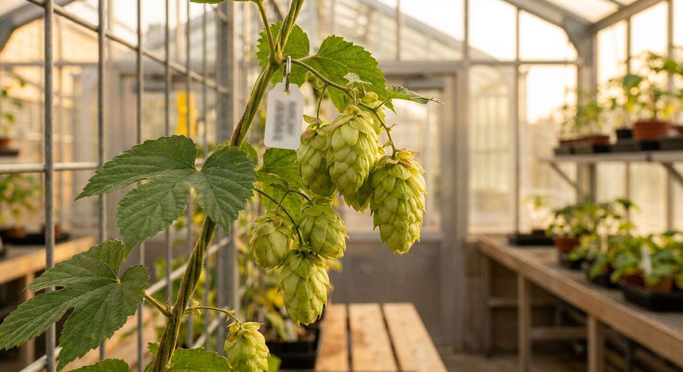 Scoville Splice Lupulin Fire (SS-0762) — engineered Hops specimen on-plant with laboratory specimen tag