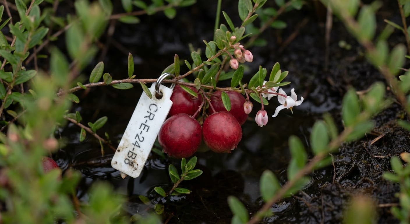 Scoville Splice Bog Tingle (SS-0763) — engineered Cranberry specimen on-plant with laboratory specimen tag