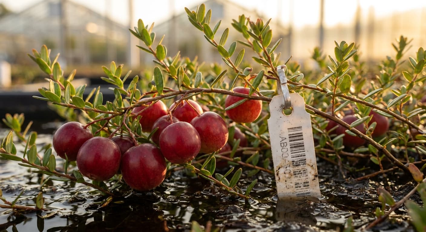 Scoville Splice Harvest Float (SS-0764) — engineered Cranberry specimen on-plant with laboratory specimen tag