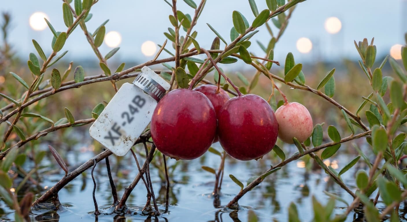 Scoville Splice Cranberry Sauce (SS-0765) — engineered Cranberry specimen on-plant with laboratory specimen tag