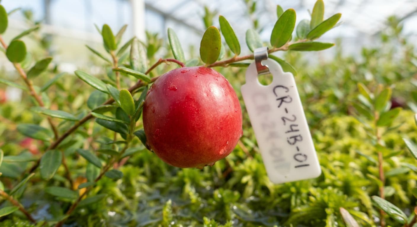 Scoville Splice Thanksgiving Burn (SS-0766) — engineered Cranberry specimen on-plant with laboratory specimen tag