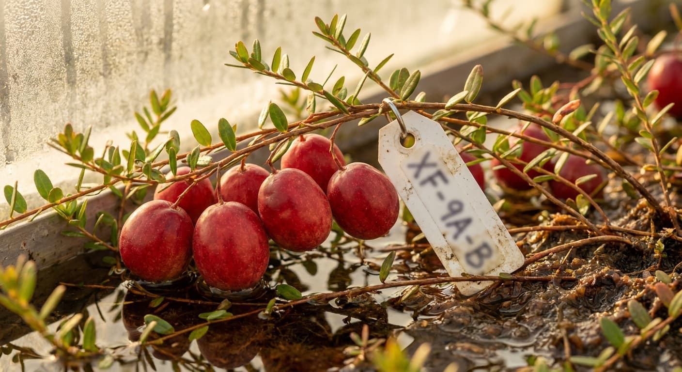 Scoville Splice Tart Start (SS-0767) — engineered Cranberry specimen on-plant with laboratory specimen tag