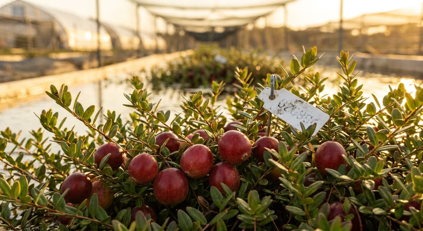 Scoville Splice Wet Harvest (SS-0768) — engineered Cranberry specimen on-plant with laboratory specimen tag