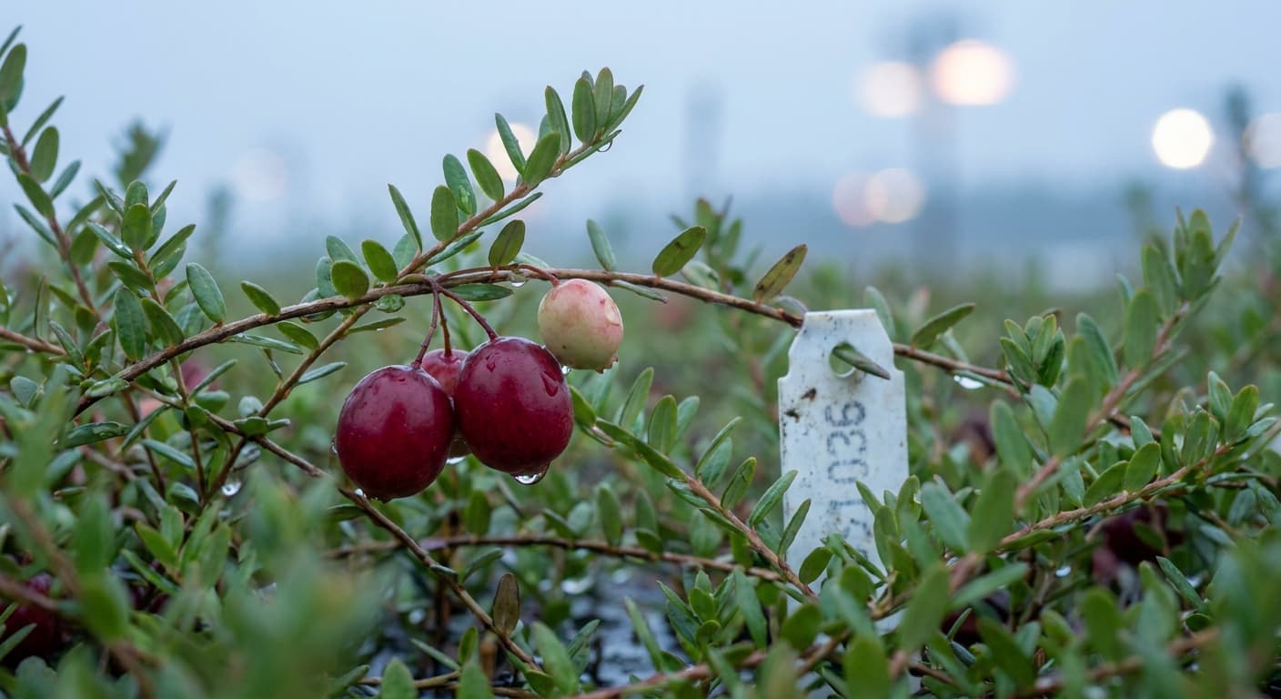 Scoville Splice Bog Fire (SS-0769) — engineered Cranberry specimen on-plant with laboratory specimen tag