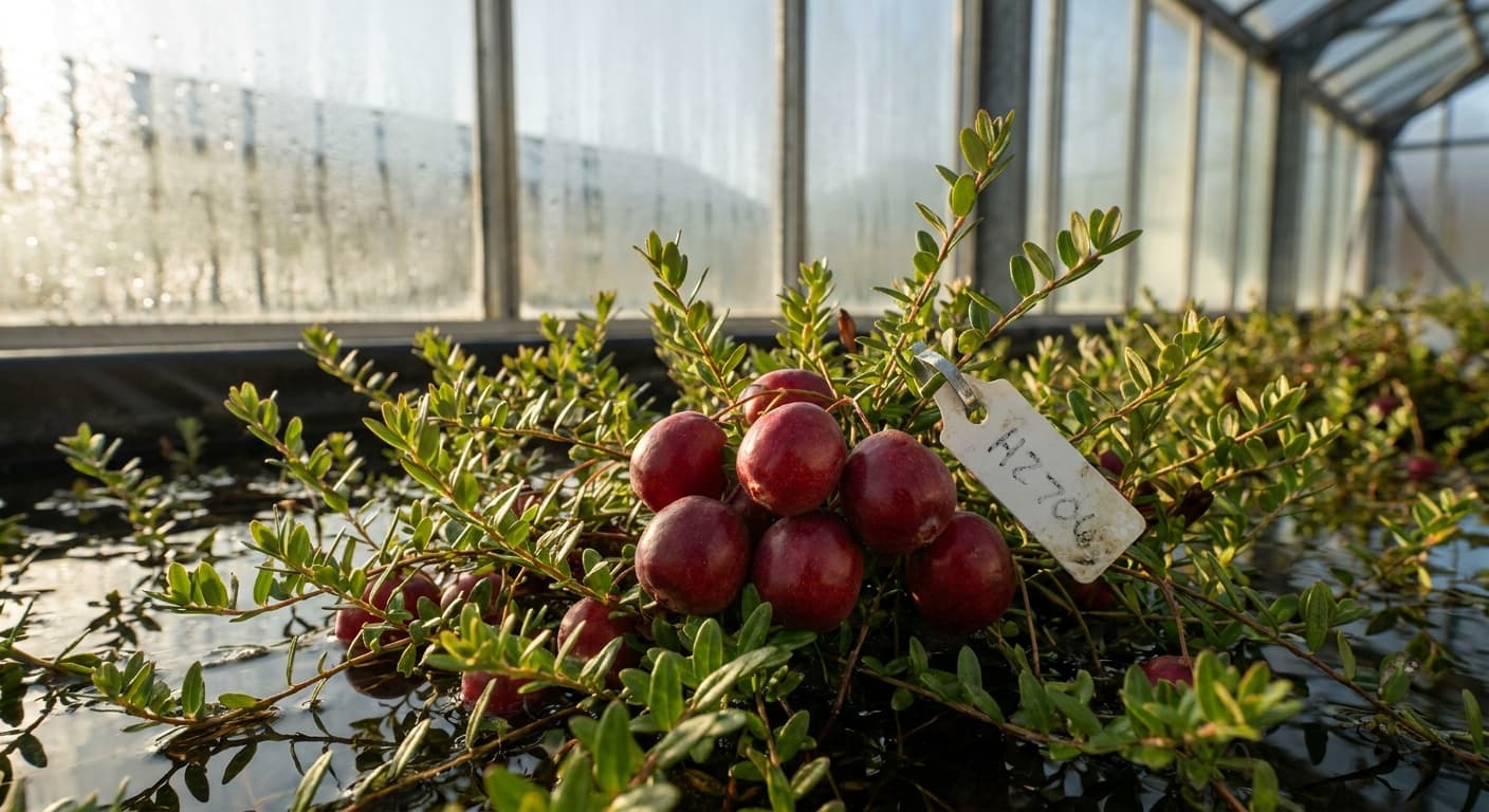 Scoville Splice Cranberry Crush (SS-0770) — engineered Cranberry specimen on-plant with laboratory specimen tag