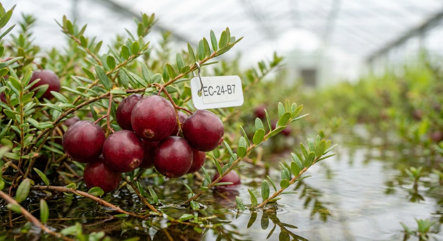 Scoville Splice Tart Inferno (SS-0771) — engineered Cranberry specimen on-plant with laboratory specimen tag