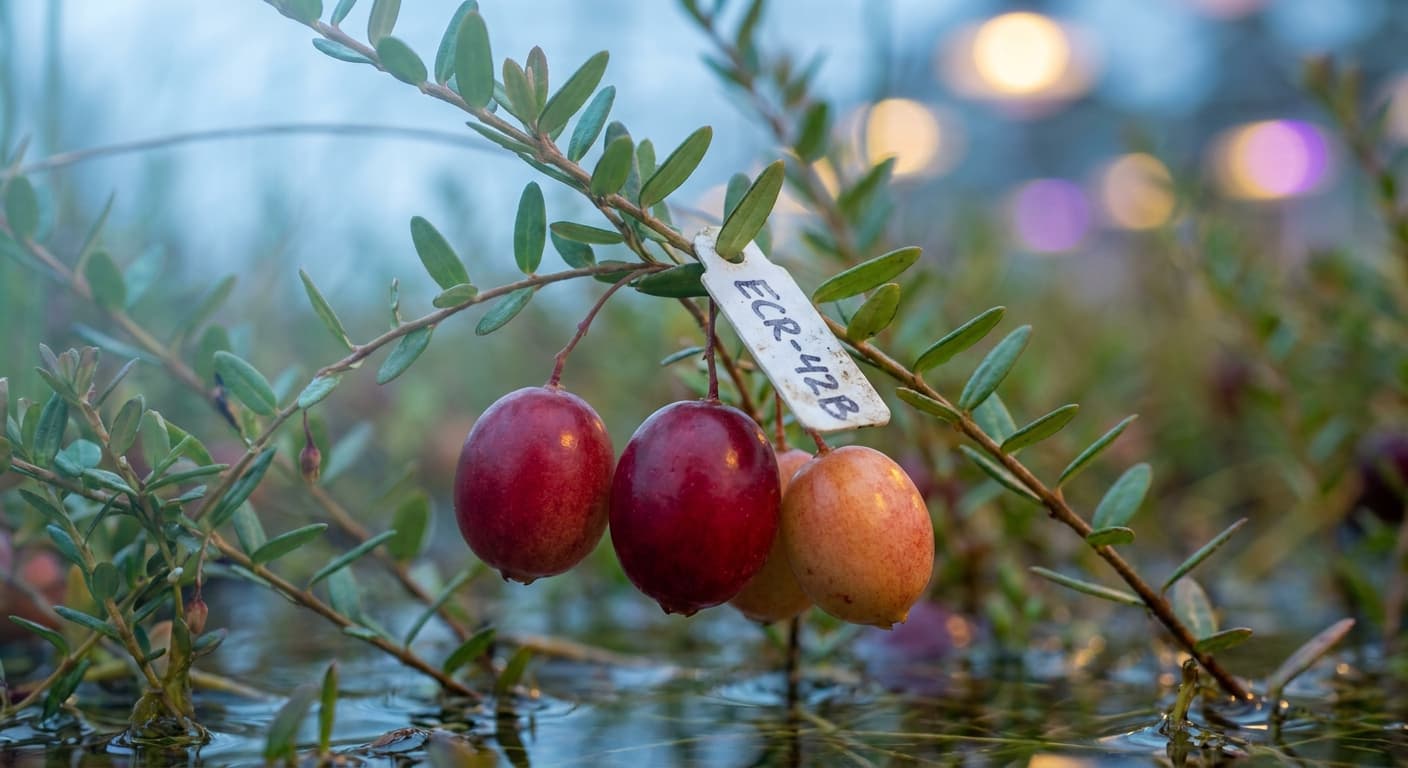 Scoville Splice Ocean Spray (SS-0772) — engineered Cranberry specimen on-plant with laboratory specimen tag