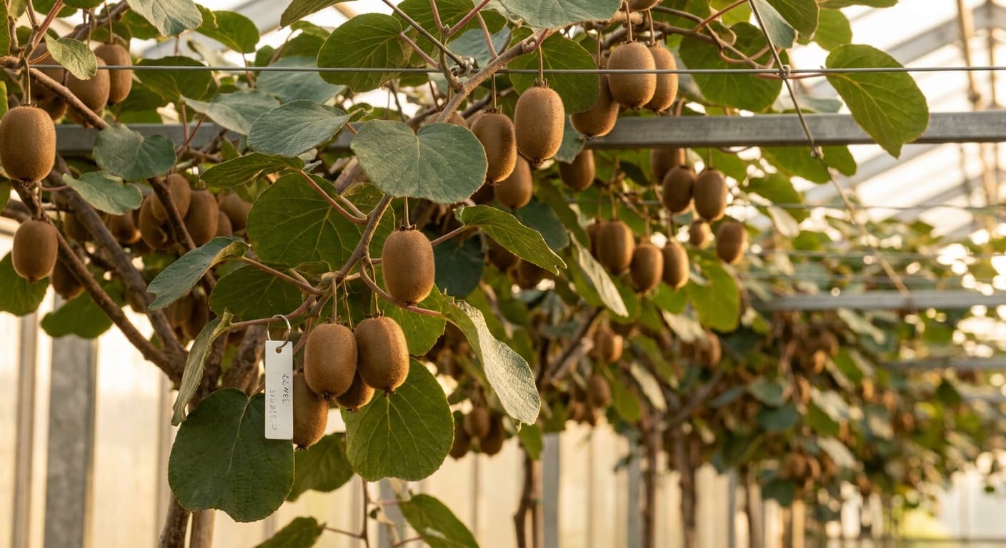 Scoville Splice Fuzz Ball (SS-0793) — engineered Kiwi specimen on-plant with laboratory specimen tag