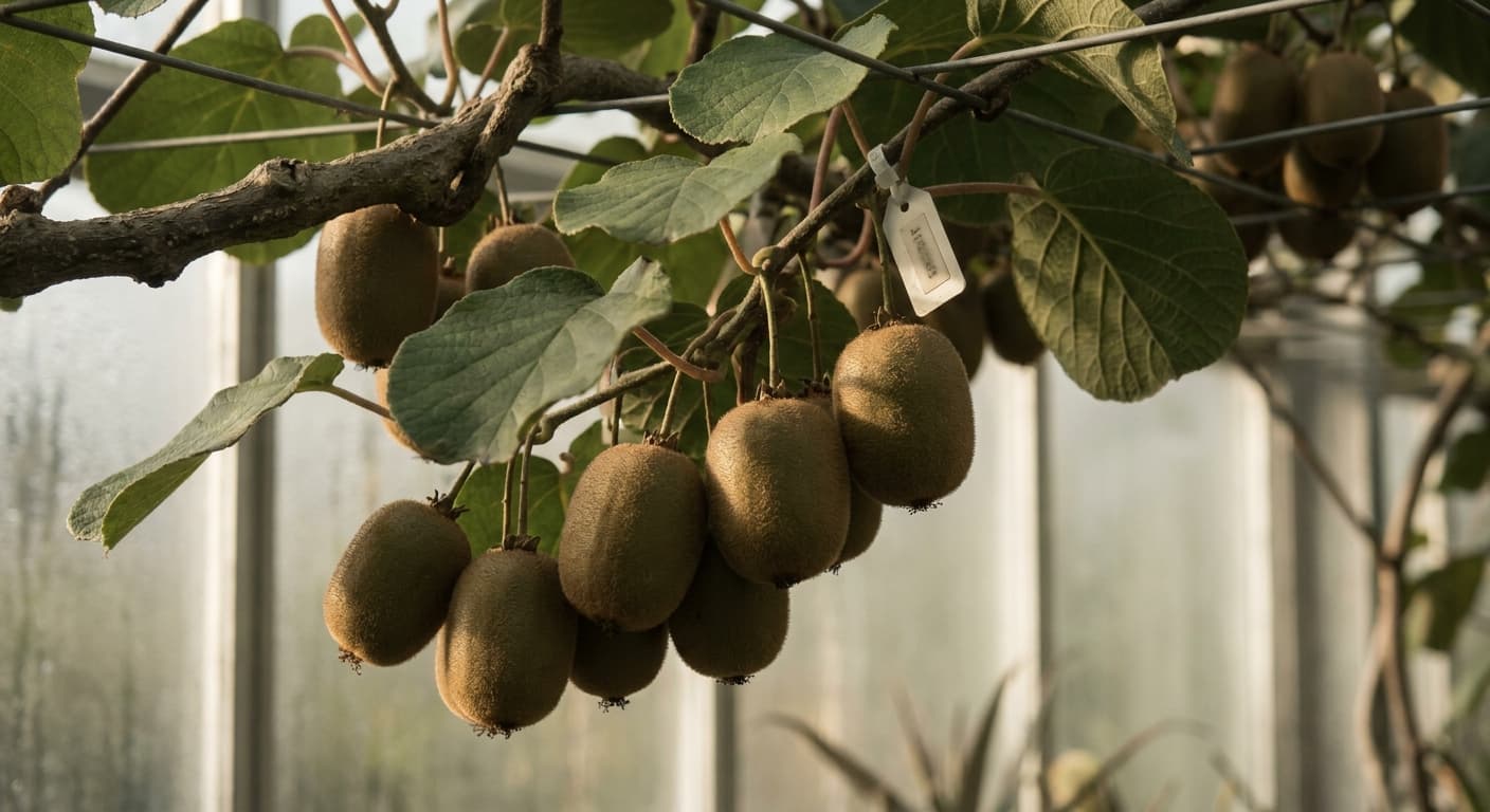 Scoville Splice Green Glow (SS-0794) — engineered Kiwi specimen on-plant with laboratory specimen tag