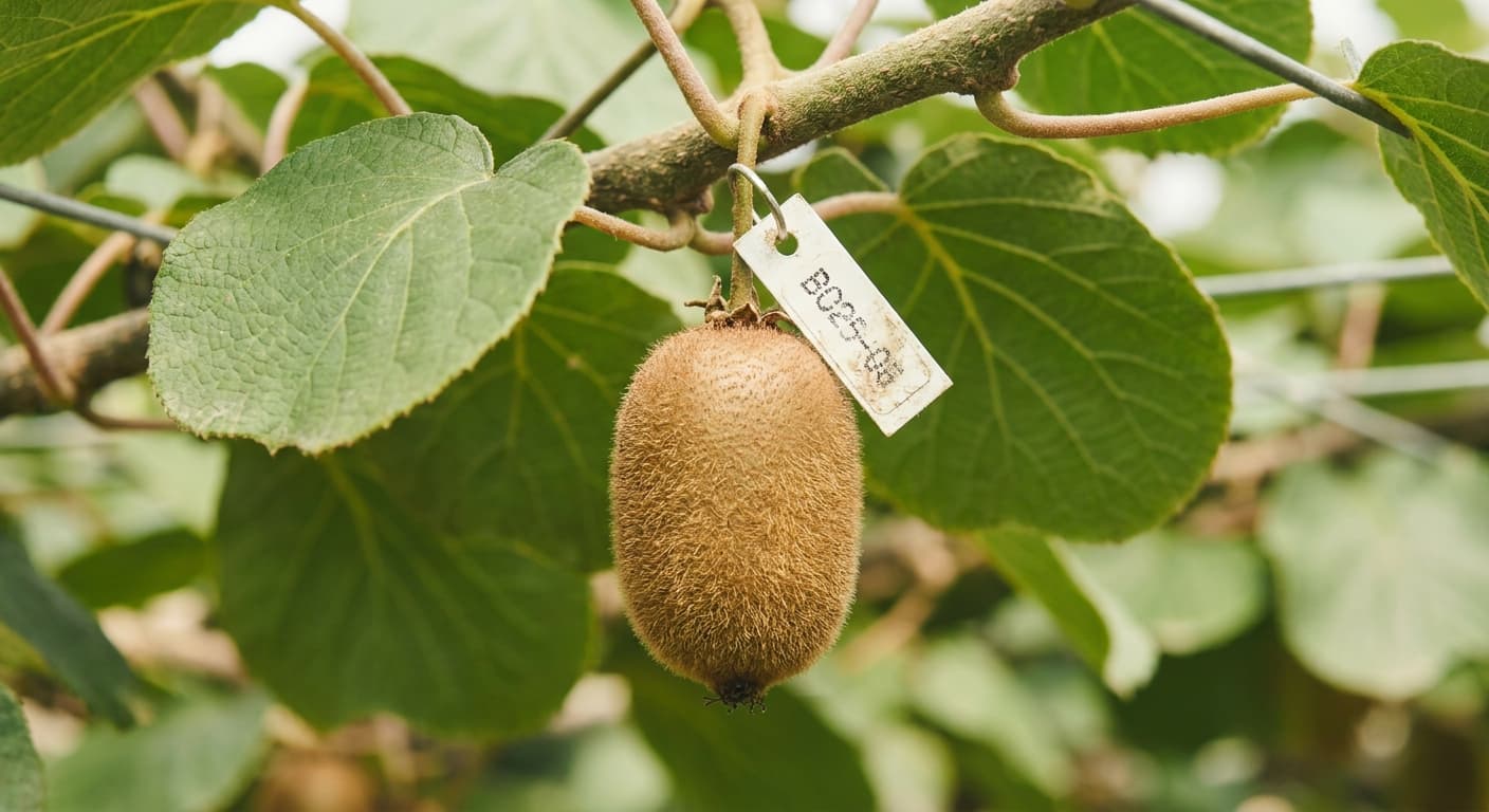 Scoville Splice Gold Kiwi (SS-0795) — engineered Kiwi specimen on-plant with laboratory specimen tag