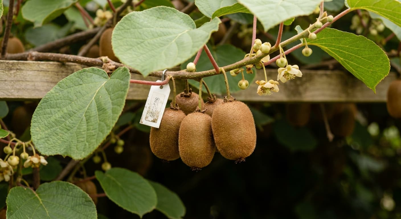 Scoville Splice Kiwi Tingle (SS-0796) — engineered Kiwi specimen on-plant with laboratory specimen tag