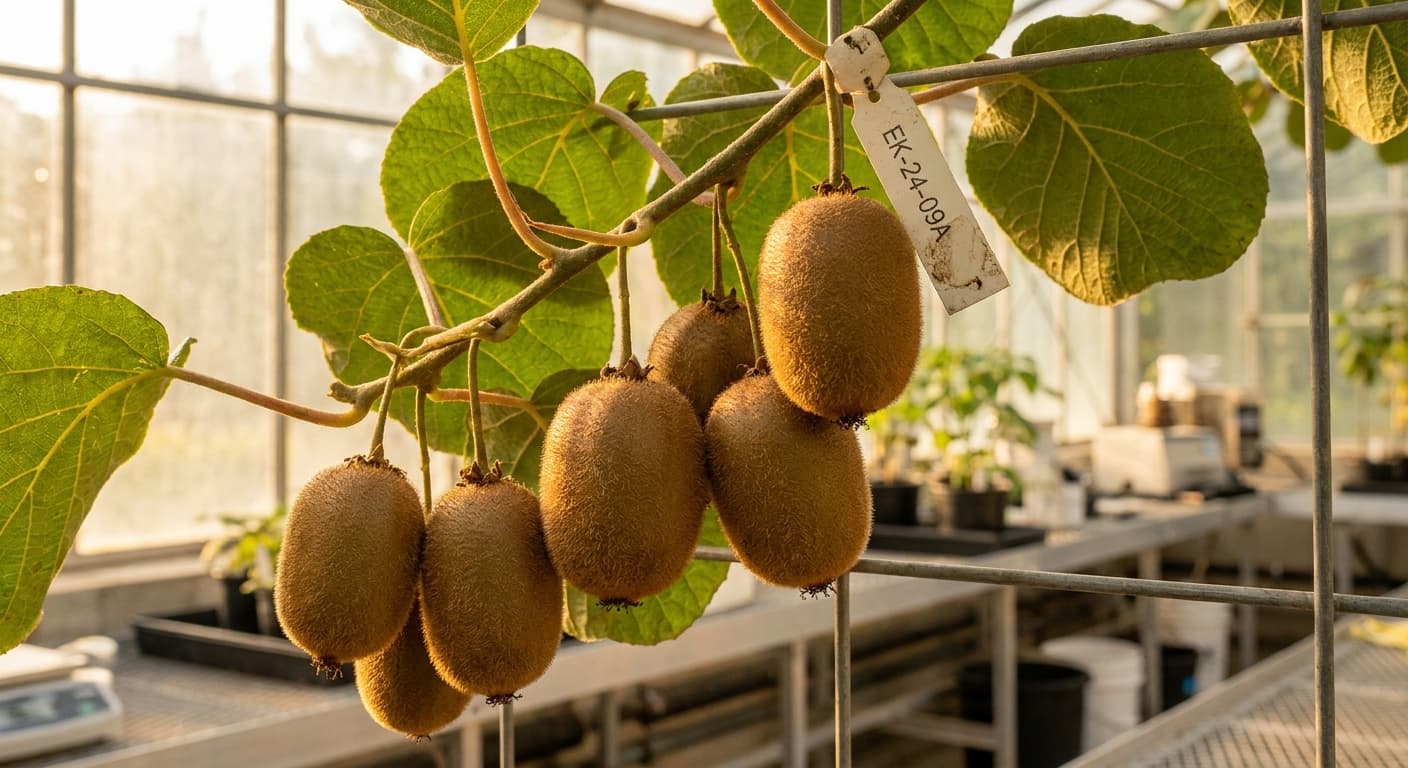 Scoville Splice Fuzzy Logic (SS-0797) — engineered Kiwi specimen on-plant with laboratory specimen tag