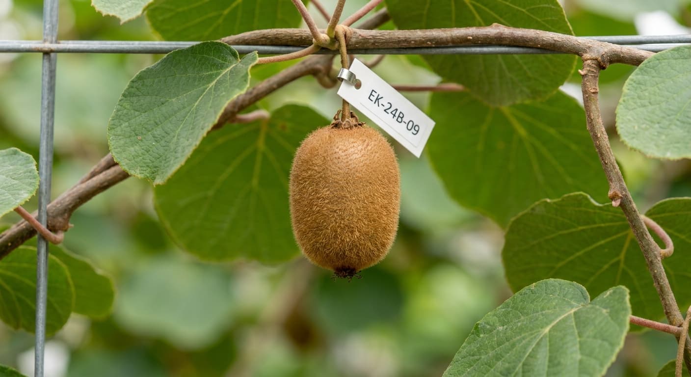 Scoville Splice Actinidia Blaze (SS-0799) — engineered Kiwi specimen on-plant with laboratory specimen tag