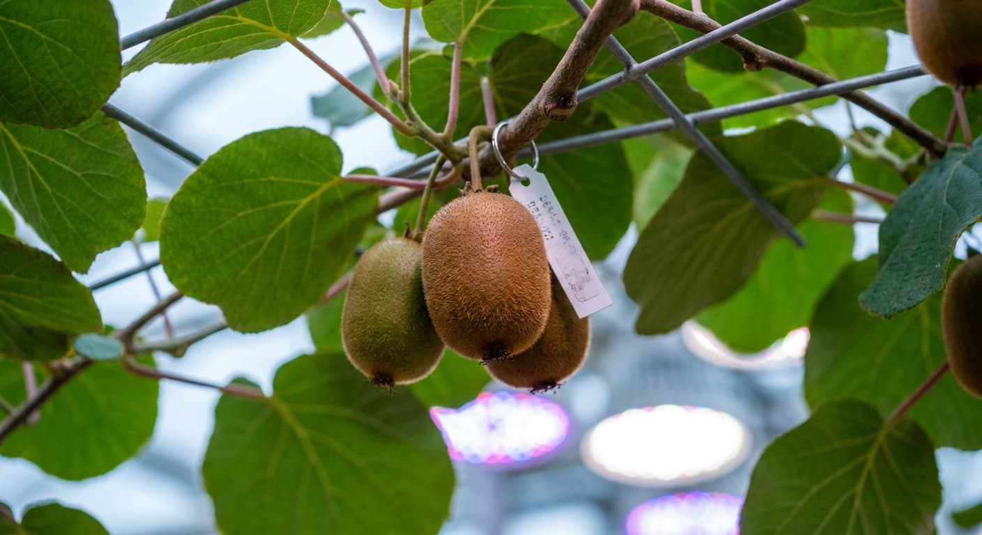 Scoville Splice Green Fury (SS-0800) — engineered Kiwi specimen on-plant with laboratory specimen tag