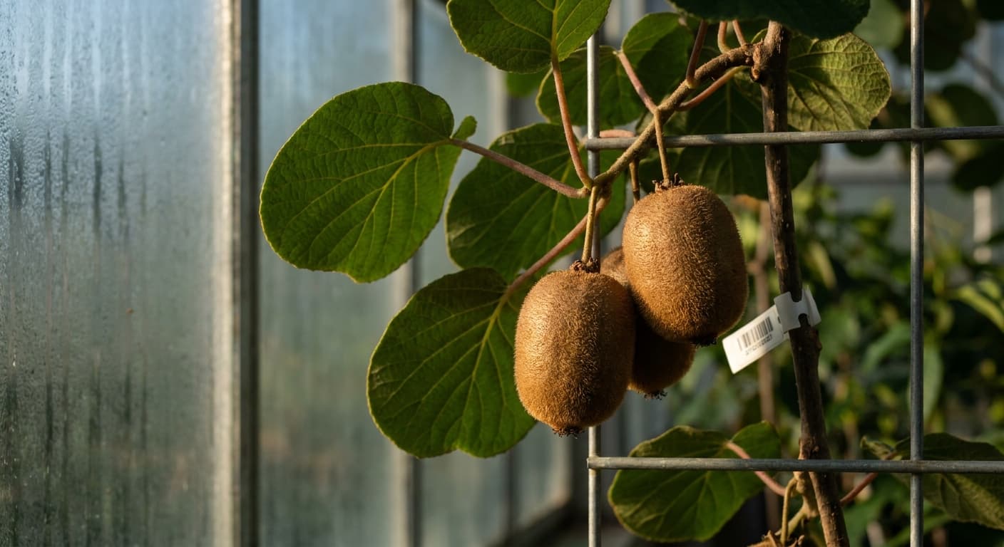 Scoville Splice Zespri Fire (SS-0802) — engineered Kiwi specimen on-plant with laboratory specimen tag