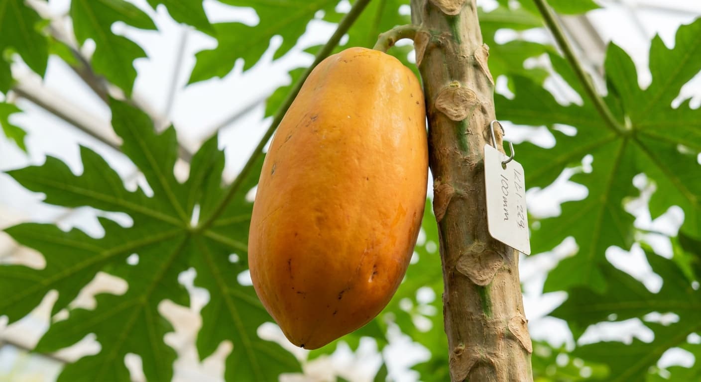 Scoville Splice Green Papaya (SS-0803) — engineered Papaya specimen on-plant with laboratory specimen tag