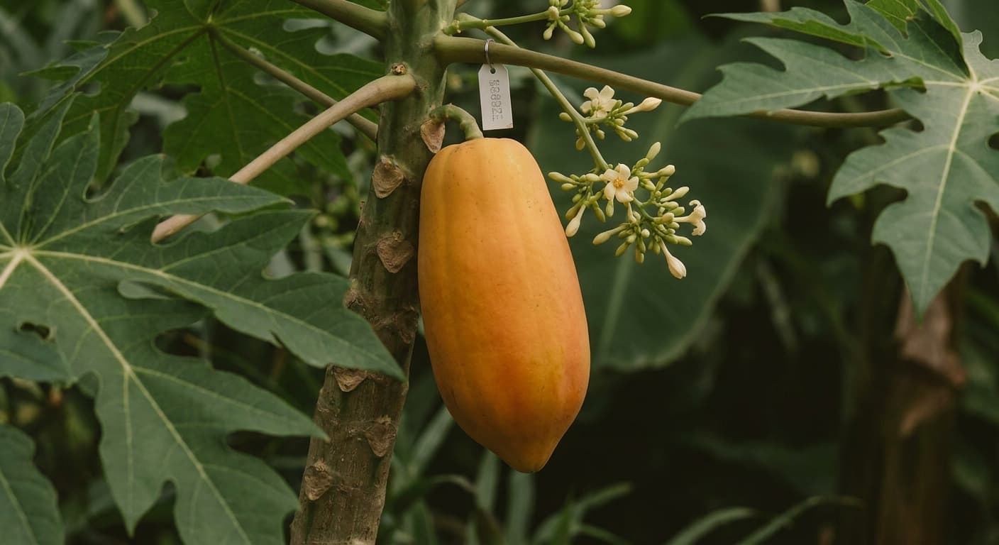 Scoville Splice Sunrise (SS-0804) — engineered Papaya specimen on-plant with laboratory specimen tag