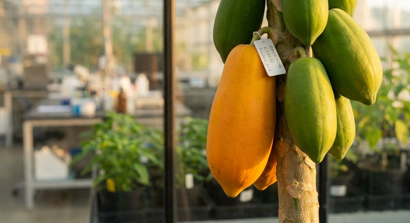 Scoville Splice Papaya Gold (SS-0805) — engineered Papaya specimen on-plant with laboratory specimen tag